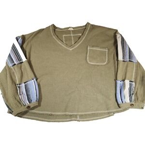 Pol Waffle Knit Over Sized Green Womens Patch Sleeve Sweater S